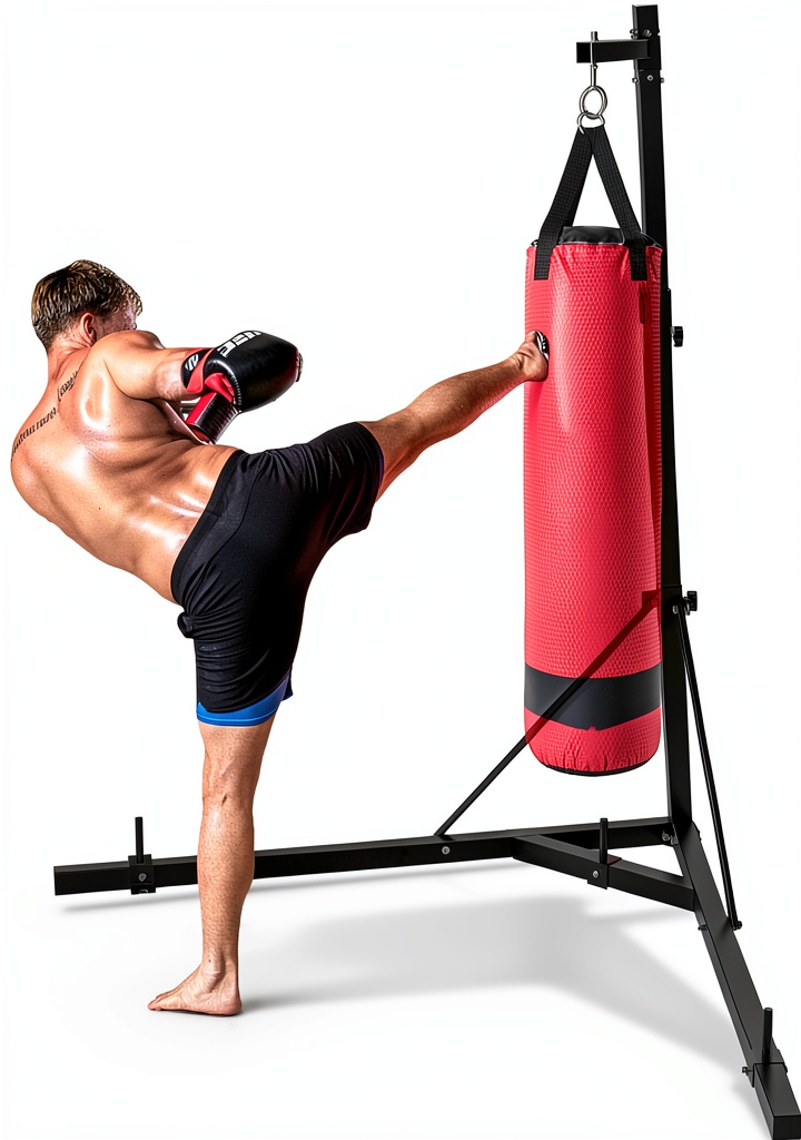 Punching bag stand set up in a home gym